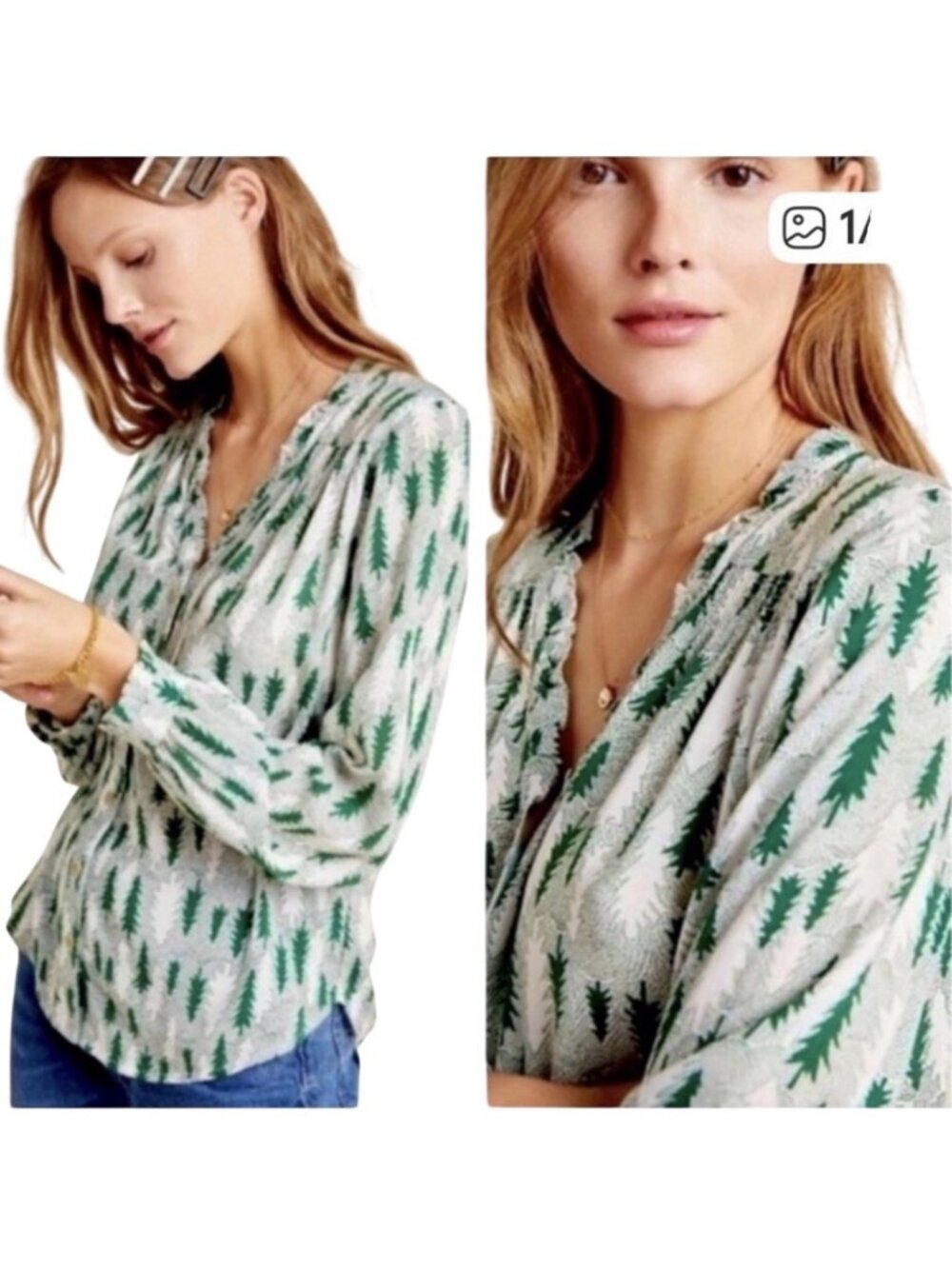 Anthropologie Maeve Marisol Button Blouse Green Tree Print Long Sleeve Size 2